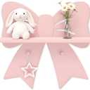 Bow Shaped Floating Shelf with Hooks, Pink Wooden Wall Decor for Girls Room | Wooden bow shelf for trinkets, jewelry, hair bows and accessories; pink wall organizer for girls bedroom and vanity decor