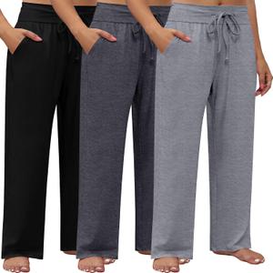 Neer 3 Pack Women's Plus Size Lounge Pants, Wide Leg Yoga Pants Baggy Drawstring Sweatpants with Pockets Casual Loose Jogger (XXXL)