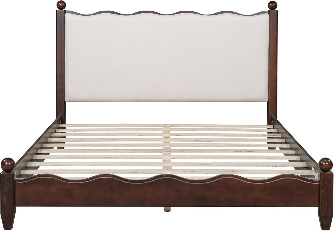 Merax Vintage Queen Size Solid Wood Platform Bed with Upholstered Headboard, Mid-Century Low Bed Frame with Sturdy Wood Legs/No Box Spring Needed/Easy Assembly, Espresso +Beige Fabric