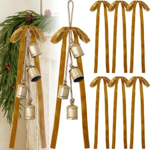 Suncalla 2 Pcs Christmas Cow Bells with 8 Pcs Khaki Velvet Christmas Bows Vintage Gold Bell Decorations with Velvet Ribbon Bows for Xmas Tree Wall Home Wedding Wreath Garland Staircase Indoor Outdoor