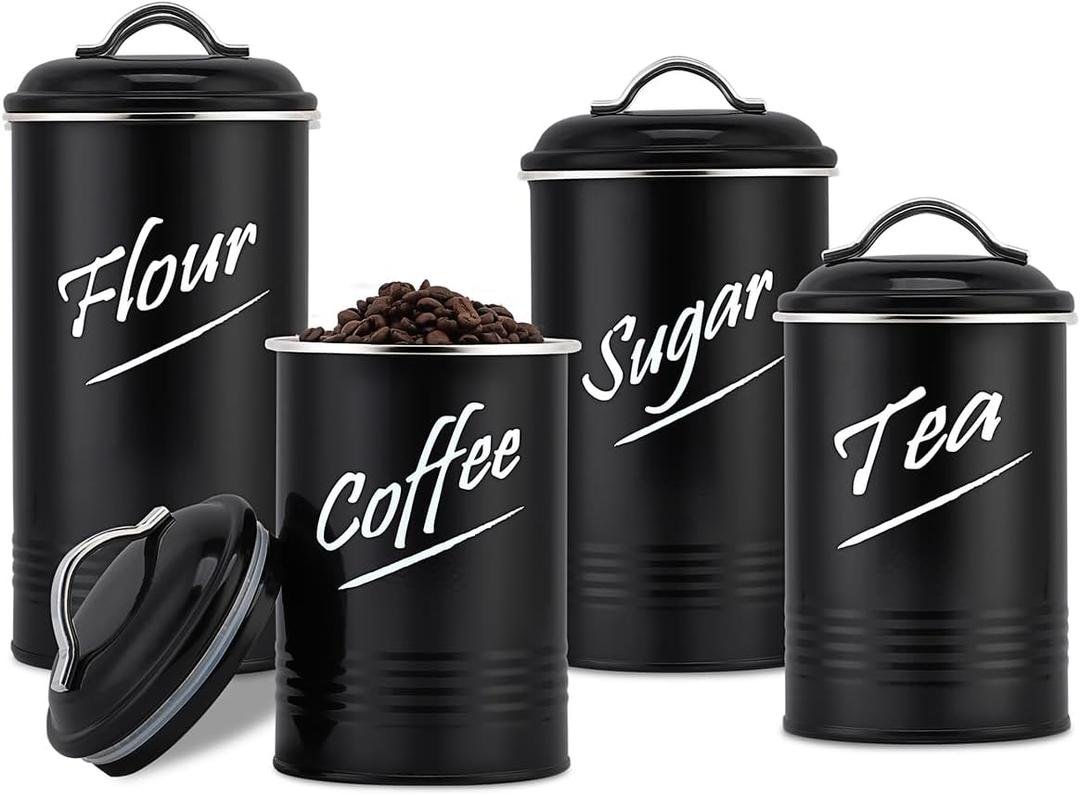 Hillbond Canisters Sets for The Kitchen Countertop with Airtight Lids, Tea, Coffee Sugar and Flour Containers, Farmhouse Black Canisters for Kitchen Counter Set of 4