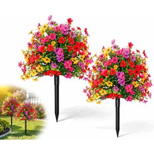 LWW Artificial Outdoor Plants, UV Resistant Faux Flower Topiary Balls with Ground Stakes, 22 Inch Realistic Fake Greenery Bushes, Waterproof Fade Resistant, Porch Garden Yard Patio Decor(2 Pack)