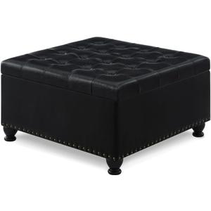 Black Large Square Leather Storage Ottoman with Nailhead Trim
