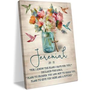 Framed Jeremiah 29:11 Bible Verse Wall Art Christian Floral Poster with Hummingbirds and Cross Scripture Canvas Painting Prints Faith Religious Picture Dcor for Bedroom Living Room 12x16Inches
