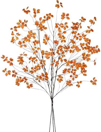 FAICOIA 3Pcs Artificial Branches with Leaves Greenery Faux Twigs and Branches 49" Artificial Plants Indoor Orange Fake Twigs Tree Long Stems for Office Wedding Shop Vase Fillers Home Fall Decor Autumn