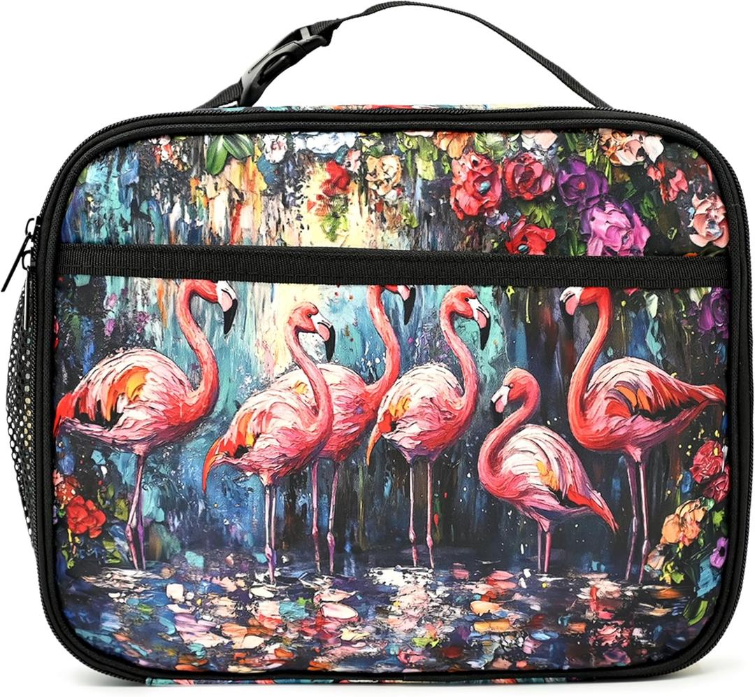 2 x Flamingos Insulated Lunch Box Reusable Lunch Bag Women Men Cooler Tote Bag For Kids Boys Girls Work Picnic School Office