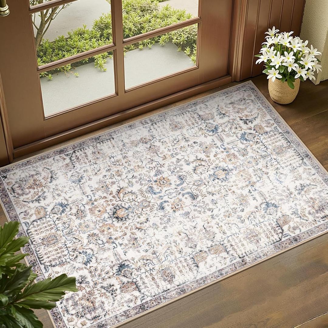 jinchan Area Rug 2x3 Washable Entryway Rug Vintage Doormat Indoor Entrance Lightweight Thin Retro Distressed Door Mat Floral Print Country Boho Non Slip Carpet for Bathroom Kitchen Bedroom Blue