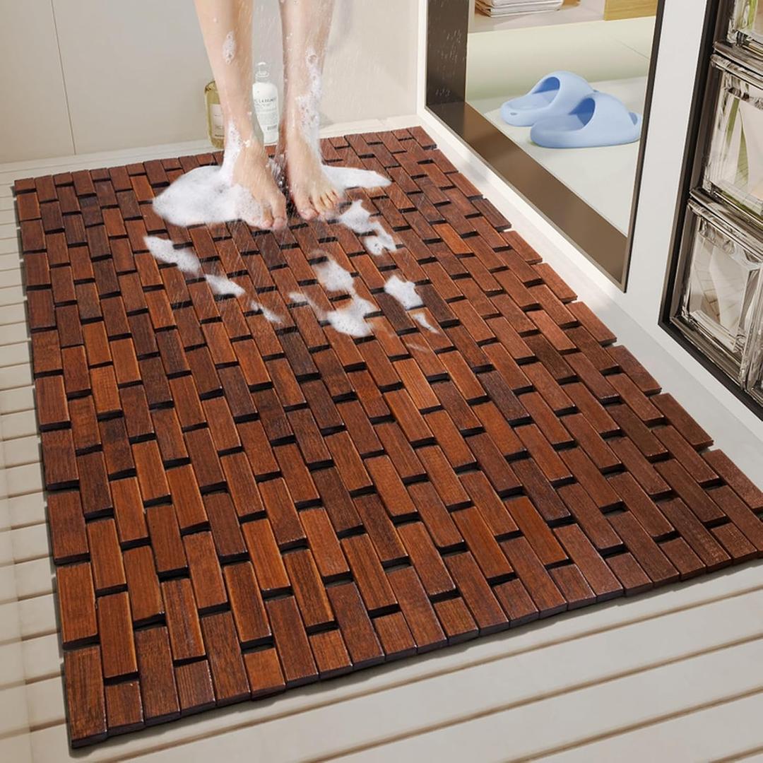Liveinu Bath Mat for Luxury Shower, Non-Slip Bamboo Sturdy Waterproof Bathroom Carpet for Sauna Spa Steps Decor and Accessory, Brown, 16" x 24"