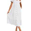 KIRUNDO Women 2025 Spring Summer Casual Short Sleeve Midi Dress Button V Neck Tiered Vacation Sundress with Pockets(White, X-Large)