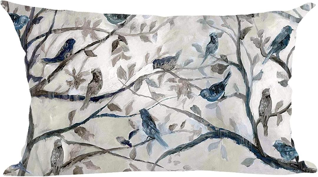 Ramirar Ink Painting Watercolor Blue Grey Lovely Birds Tree Leaves Decorative Lumbar Throw Pillow Cover Case Home Living Room Bed Sofa Car Cotton Linen Rectangular 12 x 20 Inches