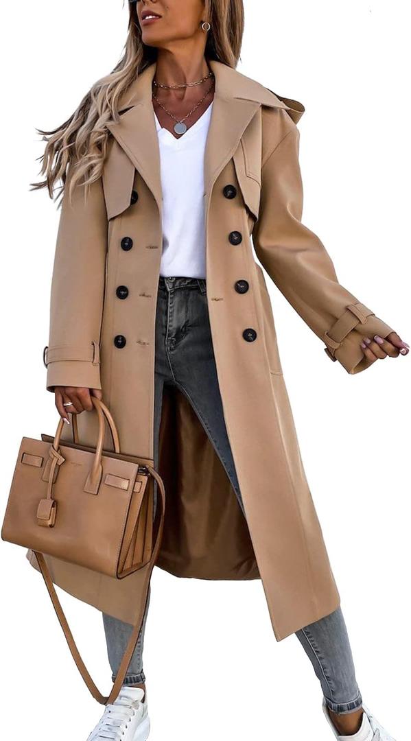 Fisoew Women's Double Breasted Long Trench Coat Windproof Classic Lapel Belted Overcoat with Pockets (Medium, Khaki)