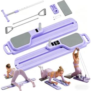 Pilates Board,Pilates Reformer Board, Pilates Board for Home Workout, Portable Pilates Reformer, 9 in 1 Foldable Pilates Equipment with Timer & Resistance Band, Fitness, Exercise, Ab, Core (Purple)