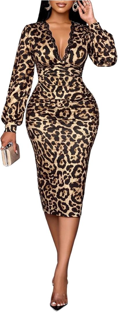 SweatyRocks Women's Long Sleeve Lace Deep V Neck Ruched Cheetah Print Bodycon Midi Dress Leopard Brown X-Large
