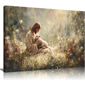 Jesus and Lamb Canvas Wall Art Jesus Holding The Lost Lamb Wall Decor Good Shepherd Poster God Leaves the 99 Sheep Pictures Christian Religious Painting for Living Room Church Prayer Room 24x16in (16x24in)