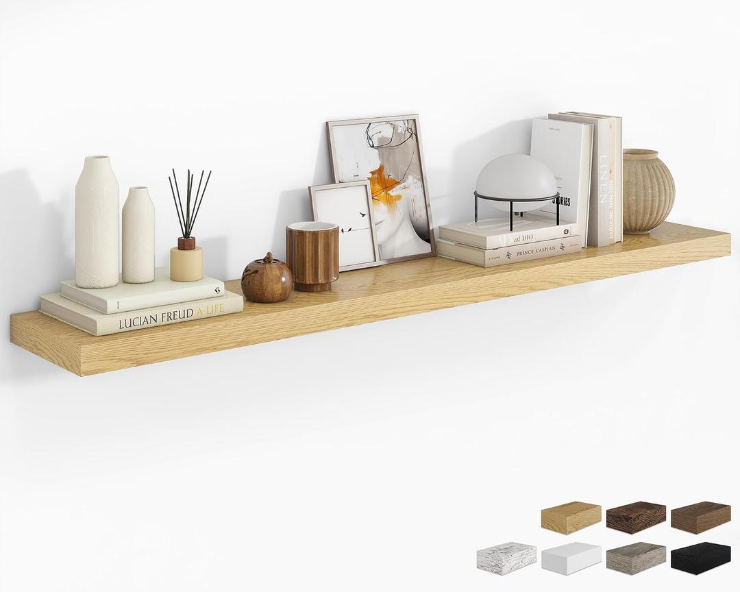 RICHFOCUS 72Inch Floating Shelves for Wall 1 Pack Shelves for Bedroom|Kitchen|Bathroom Wall Mounted Rustic Wood Floating Shelf with Invisible Brackets for Books|Storage|Decor, Oak, 72"L x 8"D, Set of 1