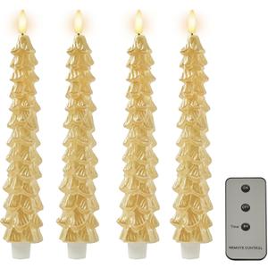 DN DECONATION 4PCS Flameless Christmas Tree Candles with Remote, LED Christmas Flameless Taper Advent Candles Battery Operated, Gold Tree Shaped Fake Candle Sticks for Table Decor Window Decorations (Set of 4)