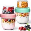 ComSaf 8oz 2 Pcs Overnight Oats Containers with Lids, Glass Yogurt Parfait Cups for Cereal Nut Fruit, Dual-Layer Chia Pudding Jars Reusable, Small Mason Jars for Salad, Meal Prep, Snack, Oatmeal