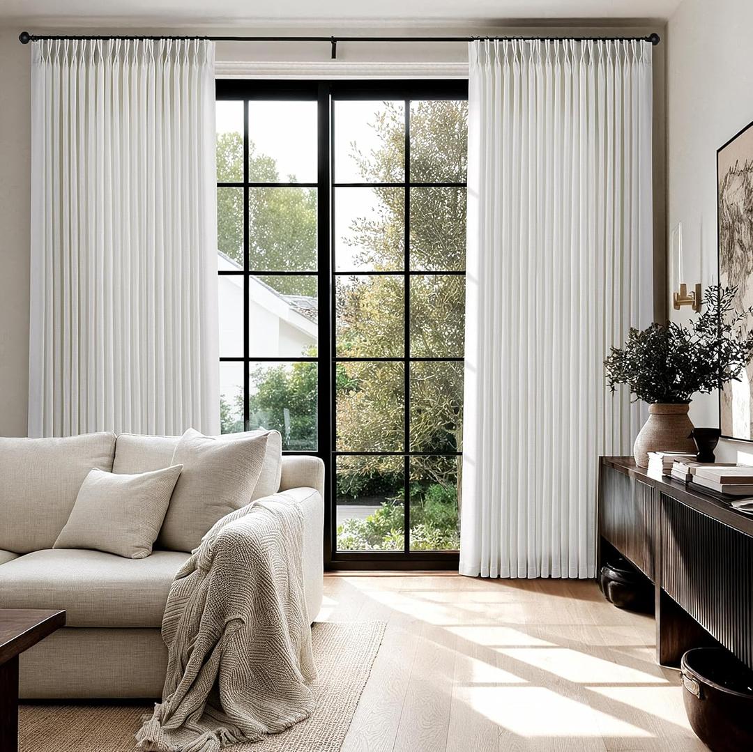 Pinch Pleated Curtains 102 Inches Long for Living Room Track System Semi Sheer Drapes Light Filtering Pinch Pleat Linen Curtains Neutral Cream Beige White Pleated Window Drapes with Hooks Clips