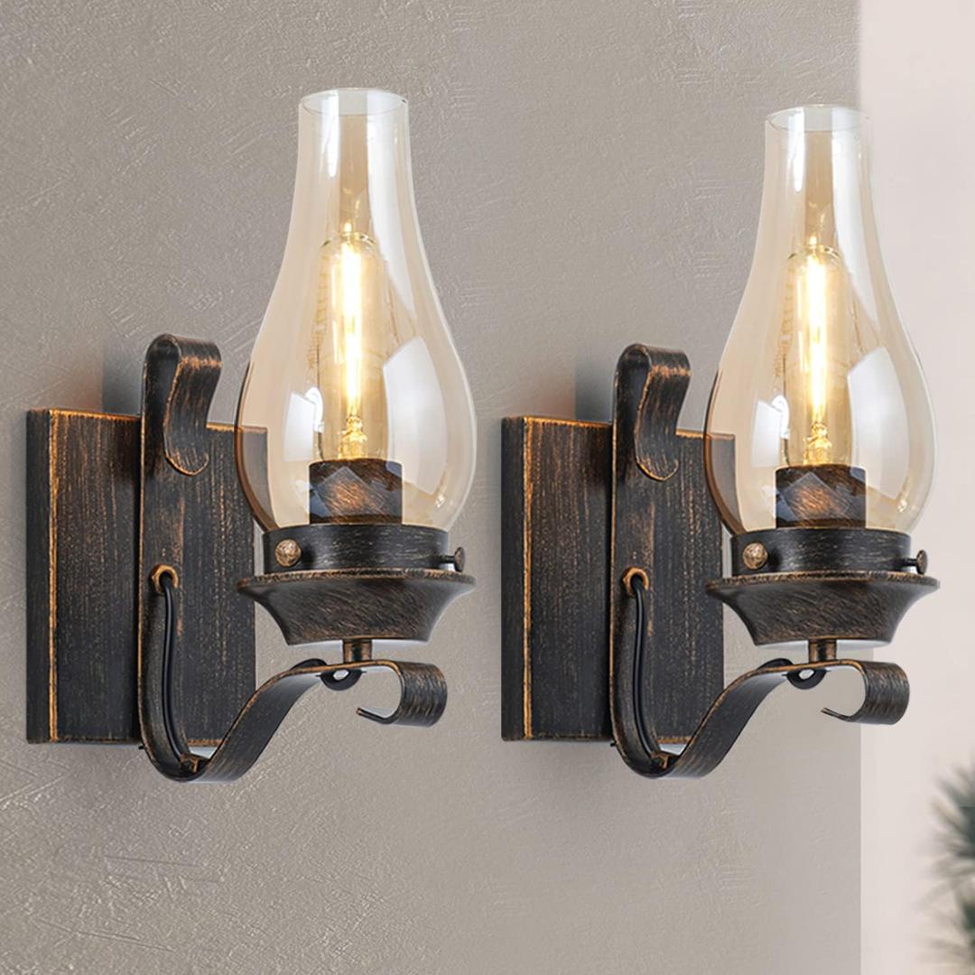 Wall Sconces Sets of 2, Oil Rubbed Bronze Hardwired Wall Sconce Indoor, Retro Rustic Wall Lamps with Amber Glass,Vintage Bedside Sconces Wall Lighting for Living Room Bathroom