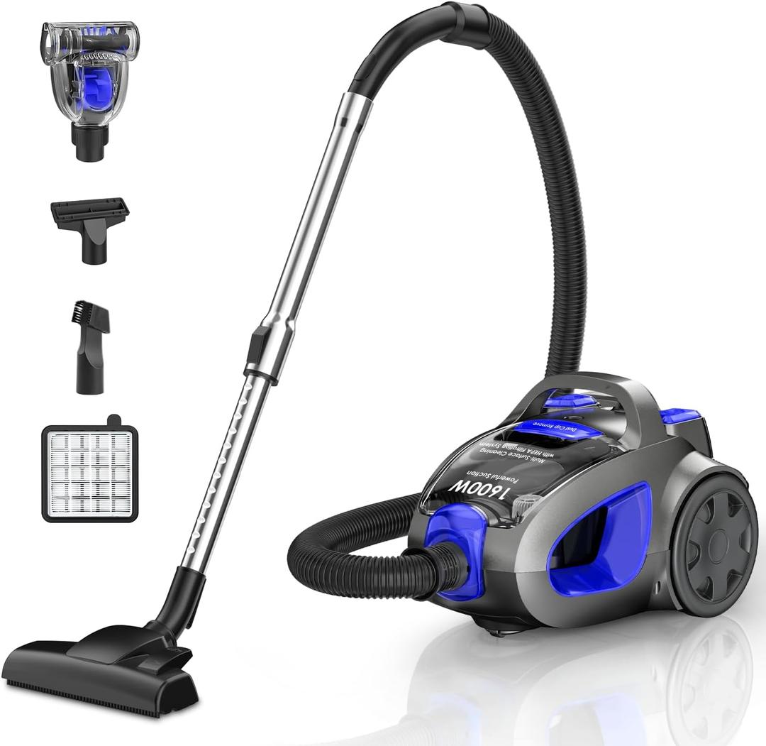 Canister Vacuum Cleaner, 32Kpa 1600W Bagless Vacuum Cleaner, Dust Full Indicator, H13 HEPA Filter, 3.7Qt Large Capacity, Lightweight Vac for Hard Floors, Carpet, Pet, Upholstery, Blue