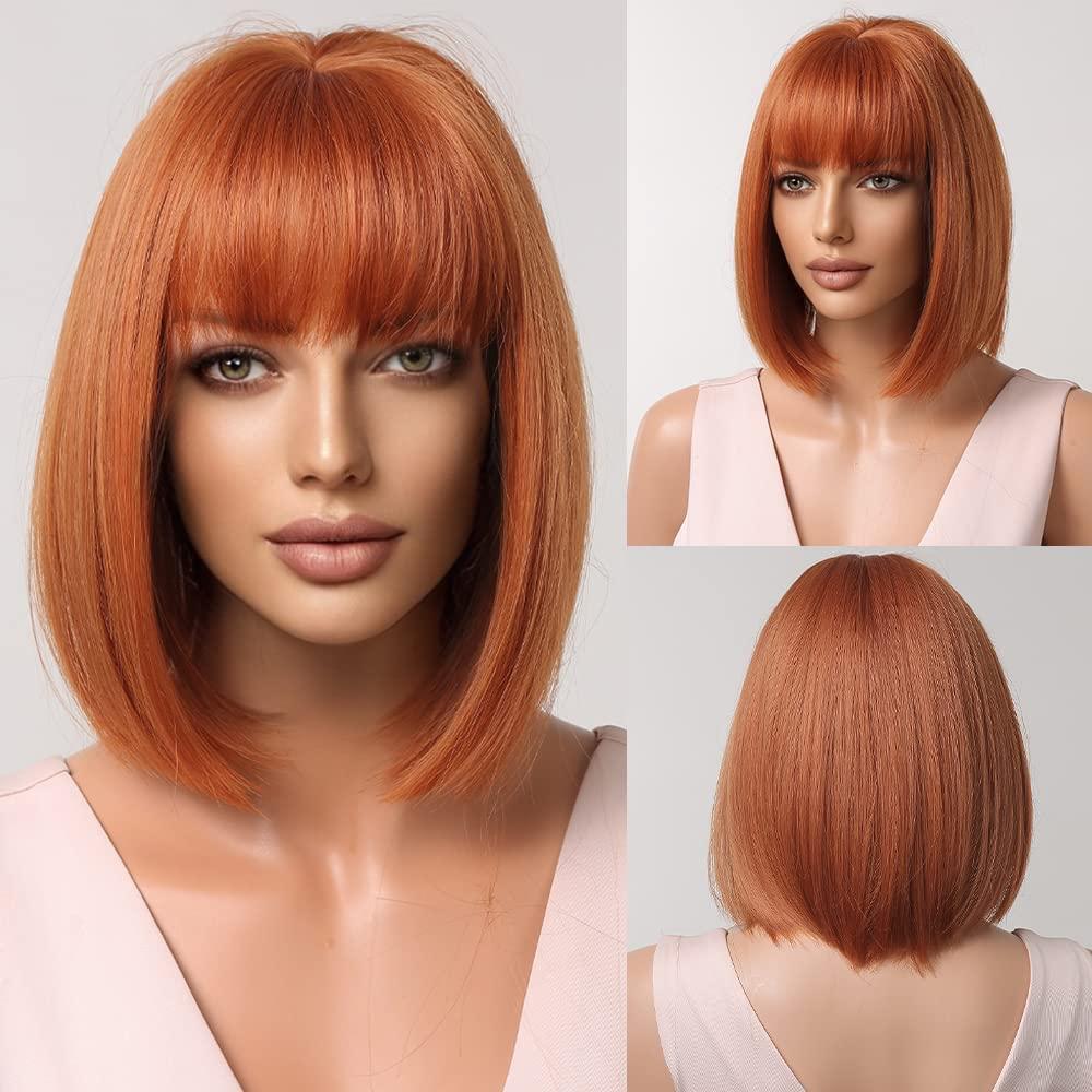 MAGQOO Auburn Red Copper Wig Women Dark Orange Bob Wigs Short Straight Dark Orange Wigs with Bangs Synthetic Heat Resistant Wig Cap Included