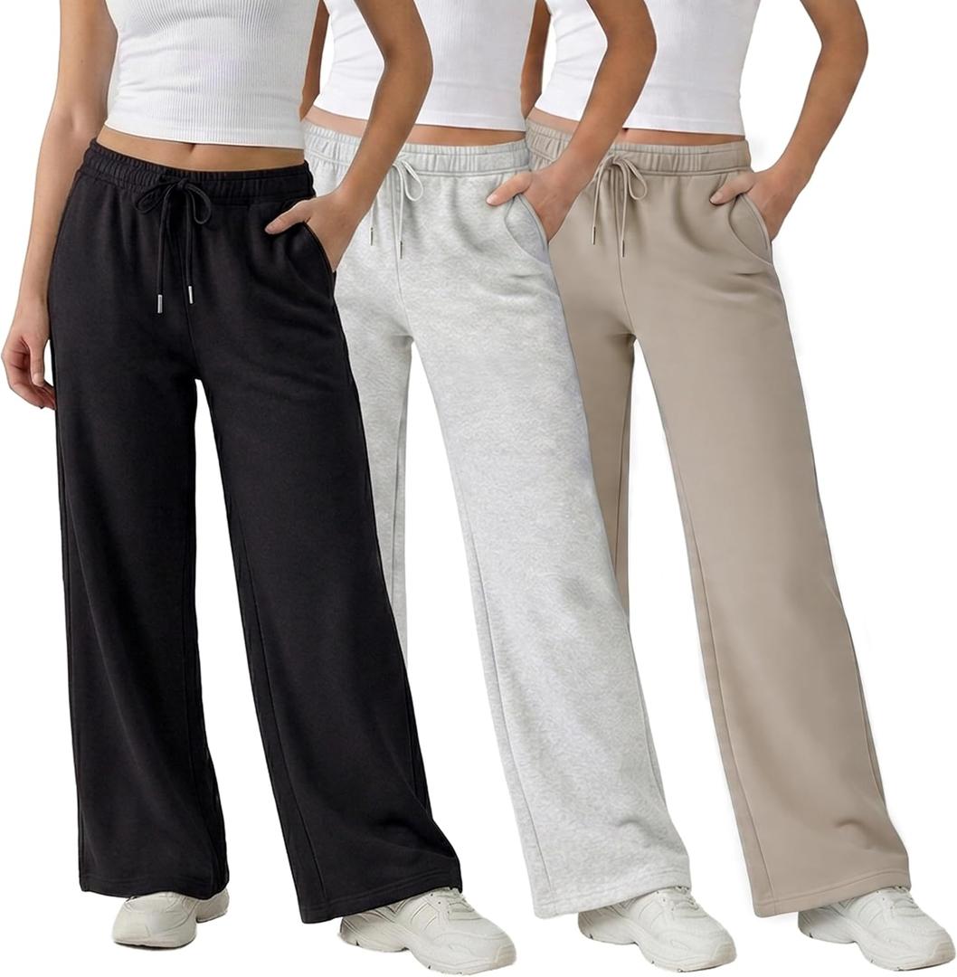 Common Stitch 3 Pack Wide Leg Fleece Lounge Sweatpants for Women — Deep Pockets, Relaxed Fit, Elastic Drawstring Waist 2X