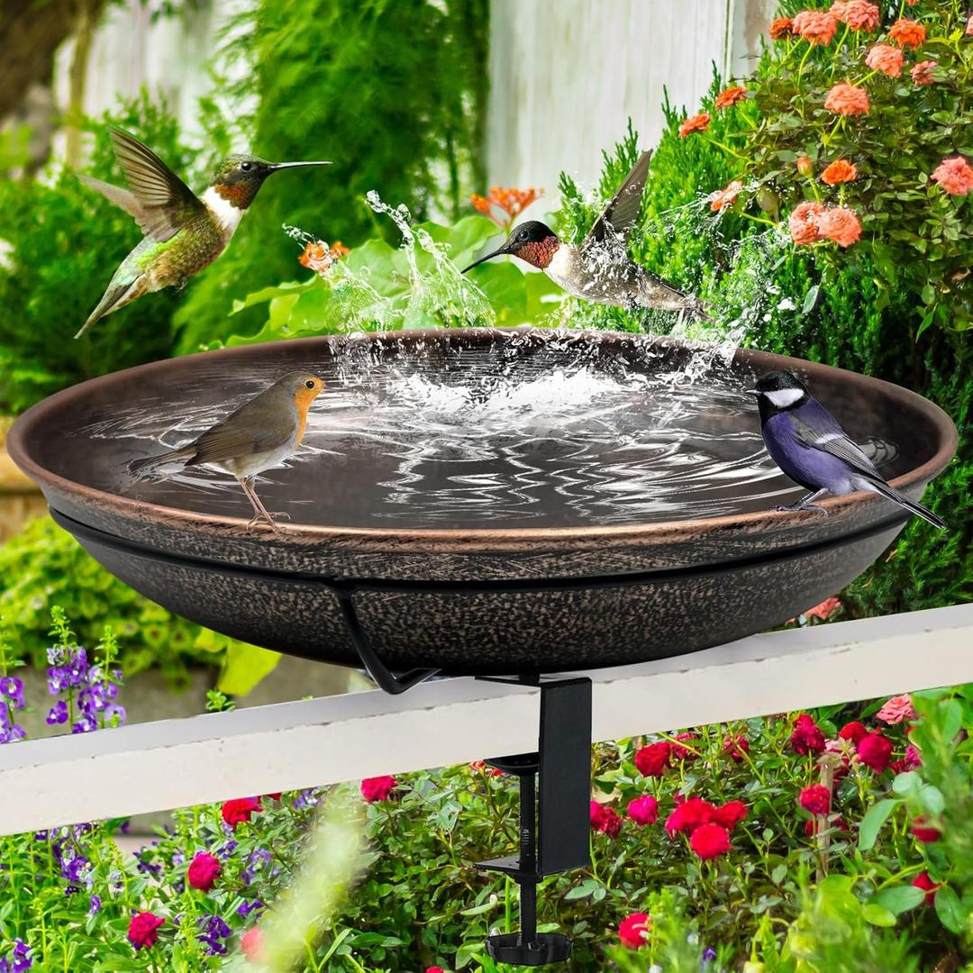 Deck Mounted Bird Bath, Easy to Clean, 12 Detachable Bath Bowl, Metal Birdbath for Outside with Sturdy Adjustable Clamp for Railing Balcony Fence, Outdoor Decor 0.7 Gallon