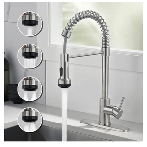 Rainovo Kitchen Faucet with 4 Mode Pull Down Sprayer Brushed Nickel, Spring Kitchen Sink Faucet Stainless Steel with Deck Plate, Single Handle faucets High Arc Modern with Pull Out Sprayer