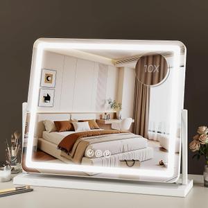 Vanity Mirror with Lights, 24"x20" Hollywood Lighted Makeup Mirror for Tabletop & Bedroom 3 Color Lighting Modes Smart Touch Control 360 Rotation Detachable