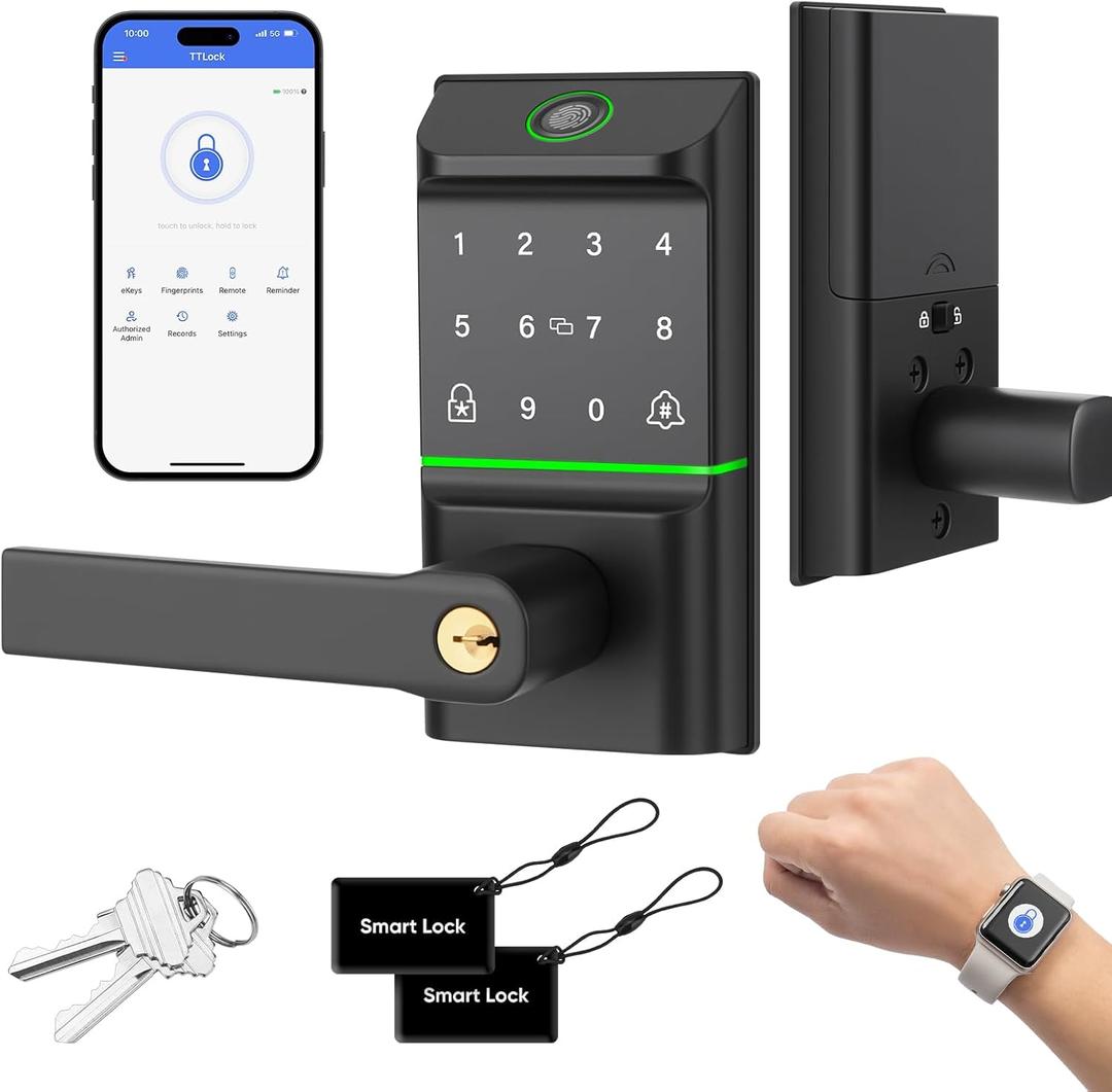 Keypad Smart Door Lock with Handle, Keyless Entry Deadbolt for Front Door, Smart Auto Lock Deadbolt with Phone/Watch App Control, Biometric Fingerprint Gate Handle with 7 Ways to Unlock