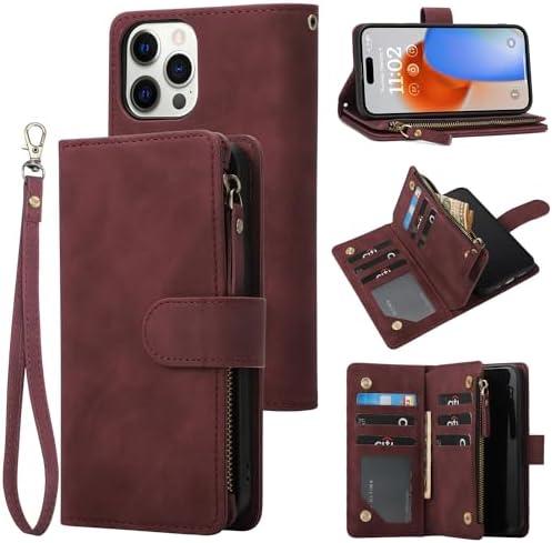 RANYOK Wallet Case for iPhone 15 (6.1 inch) with RFID Blocking Credit Card Holder, Premium PU Leather [Zipper Pocket] Flip Folio Case Wallet with Wrist Strap Kickstand Protective Case (Wine Red)