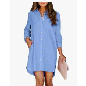 Womens Button Down Shirt Dresses with Pockets Cotton Button Up Tunics Long Sleeve Solid High Low Blouse Tops Size S