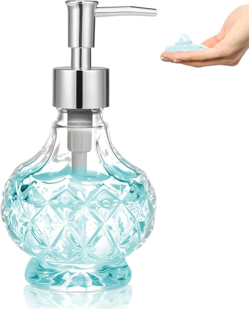 Glass Liquid Soap Dispenser Bathroom, Clear Crystal Design 8.5oz Kitchen Vintage Reusable Soap Dispenser with Rust-Proof Plastic Pump