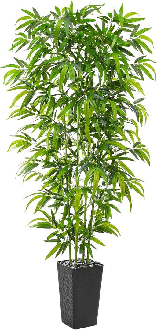 Artificial Bamboo Tree, 6FT Fake Plants Faux Bamboo Plant with Black Square Planter, Artificial Trees Faux Silk Plant with 3 Trunks & Green Lush Leaves for Home Office Indoor Outdoor Decor