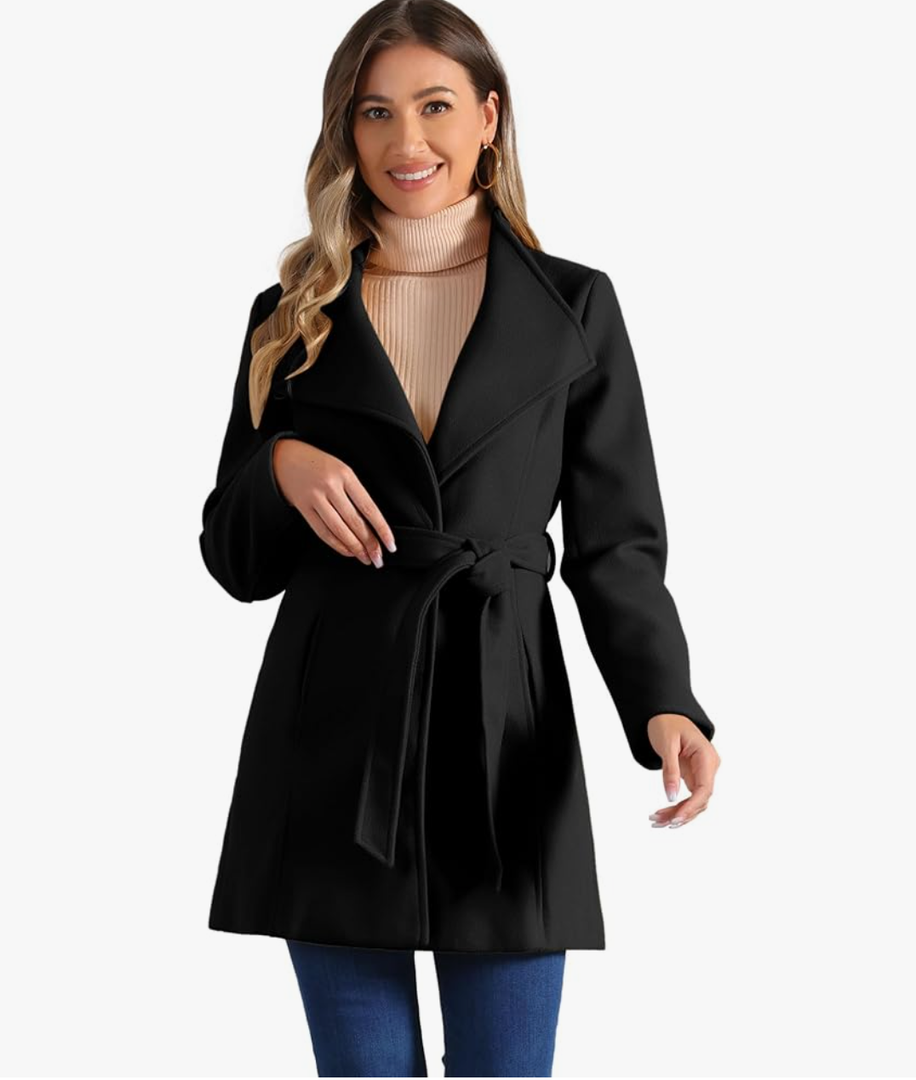 Allegra K Women's Classic Stand Collar Outwear Overcoat Long Sleeve Winter Belted Pea Coat. L