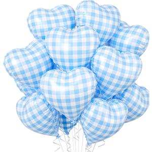Blue White Checkered Heart Balloons, 10 Pcs Light Blue Grid Heart Shape Balloon, 18 Inch Lattice Foil Valentines Balloons for Kids Boys Birthday Wedding Valentines Bridal Baby Shower Party Decorations
