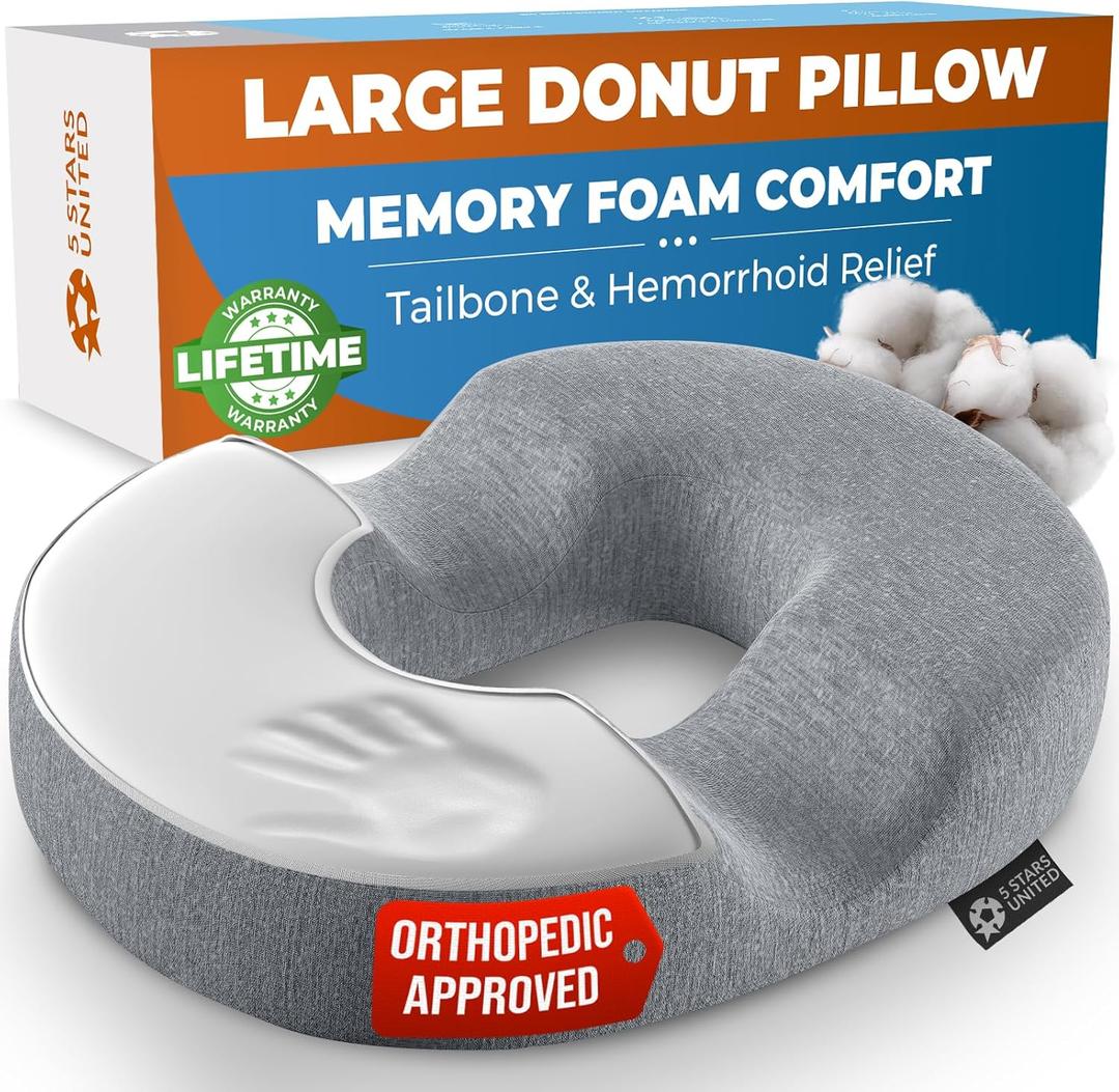 5 STARS UNITED Donut Pillow Hemorrhoid Tailbone Cushion  Large Cushion for Pain Relief  Coccyx, Prostate, Sciatica, Pelvic Floor, Pressure Sores, Pregnancy, Postpartum Recovery, Gray