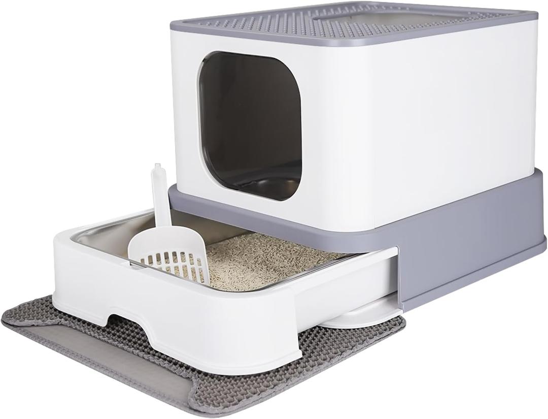 RIZZARI Foldable Cat Litter Box with Lid, Stainless Steel Litter Box with Litter Scoop, Top Entry Cat Toilet for Small to Big Cats (Light Gray) (Foldable,Black&White)