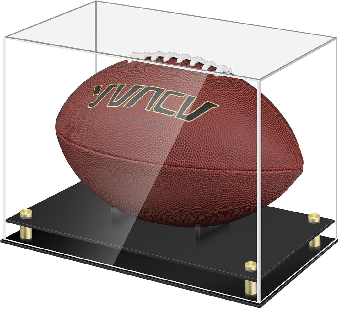 Football Display Case, Clear Acrylic Memorabilia Football Case Box with Double-Layer Black Built-in Football Display Holder for Football Fans, Collectors (No Assembly Required)