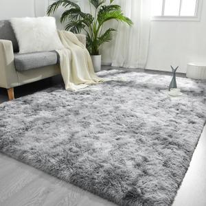 FlyDOIT 9x12 Feet Large Area Rugs for Living Room, Tie-Dyed Light Grey Shaggy Rug Fluffy Throw Carpets, Ultra Soft Plush Modern Indoor Fuzzy Rugs for Bedroom Girls Kids Nursery Room Dorm Home Decor