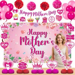 Mother's Day Decorations Best Mom Ever Thanks Giving Party Supplies Including Mothers Day Banner Backdrop Balloons Honeycomb Centerpieces Hanging Swirl Paper Pompoms Sash for Happy Mothers Day Party