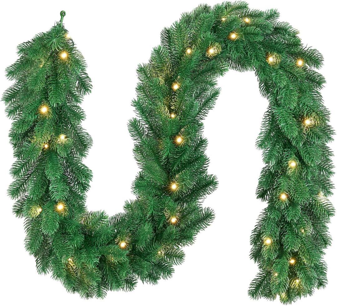 ELYKEN 9 FT Christmas Cedar Garland with Lights, Realistic Winter Christmas Decorations, Green Artificial Greenery Garland for Home Decor, Indoor, Table, Mantle, Wall