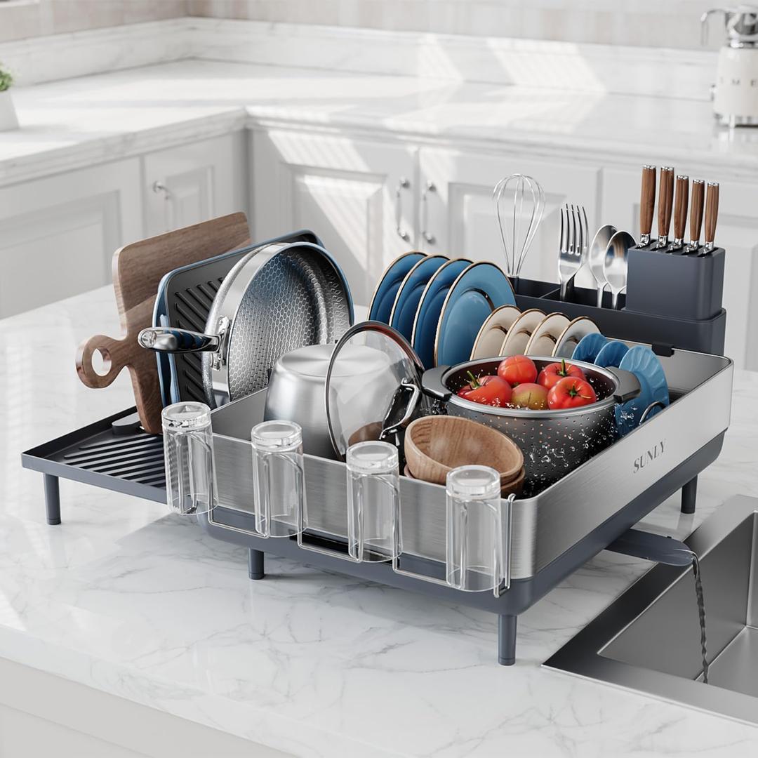 SUNLY Large Dish Drying Rack, Expandable Dish Racks for Kitchen Counter, Space Saving 304 Stainless Steel Drying Rack Kitchen, Extra Large Drainer with Multifunctional Flip Up Pegs, Gray
