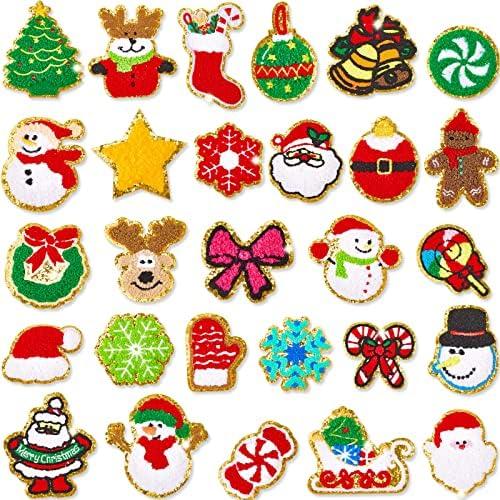 28 Pcs Christmas Iron on Patches Embroidered Sew Applique Repair Patch Glitters Chenille Patches Snowflakes, Santa Claus, Elk, Socks, Snowman for Christmas Clothing Hat Repair Decor DIY