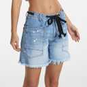 D-Sun Women's Denim Shorts Summer Mid Waist Drawstring Straight Leg Raw Hem Jean Shorts Baggy Boyfriend, Light Blue, 18
