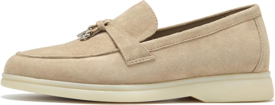 BEAU TODAY Suede Loafers Flats for Women, Women’s Slip On Penny Loafers, Leather Driving Comfortable Dress Ladies Loafers Casual Office Work Shoes Apricot US 8