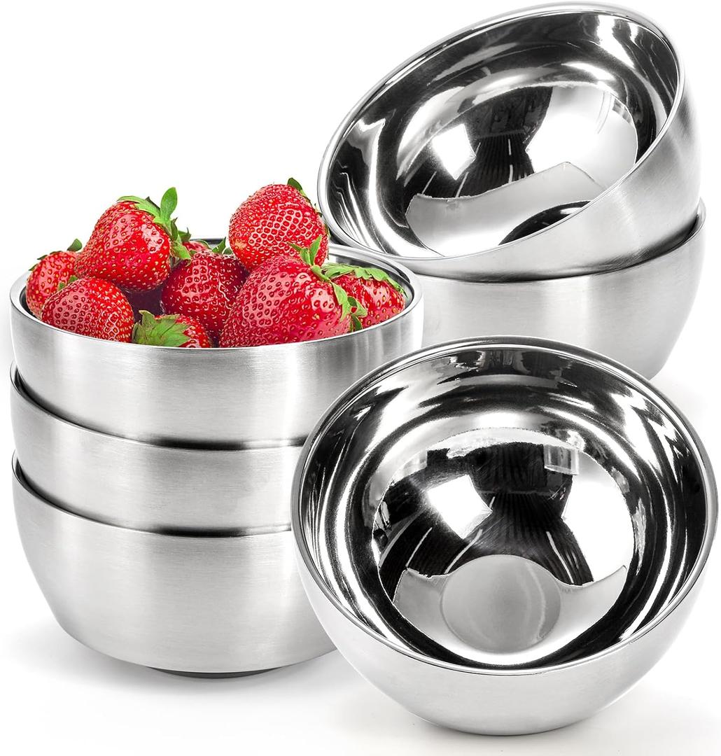 6 Pack Small 304 Stainless Steel Bowls, 16 OZ Double-walled Insulated Metal Bowls, Lightweight Salad Bowl, Nesting Soup Cereal Bowls, Serving Bowls for Rice, Noodles, Dishwasher Safe