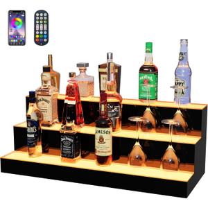 MESAlLUP 30 Inch 3 Tier Lighted Liquor Bottle Display Shelf, LED Bar Shelves with APP or Remote Control, Mulit Color Lighting for Home Mini Bars Decor, Restaurants & Party Use, Acrylic Stand