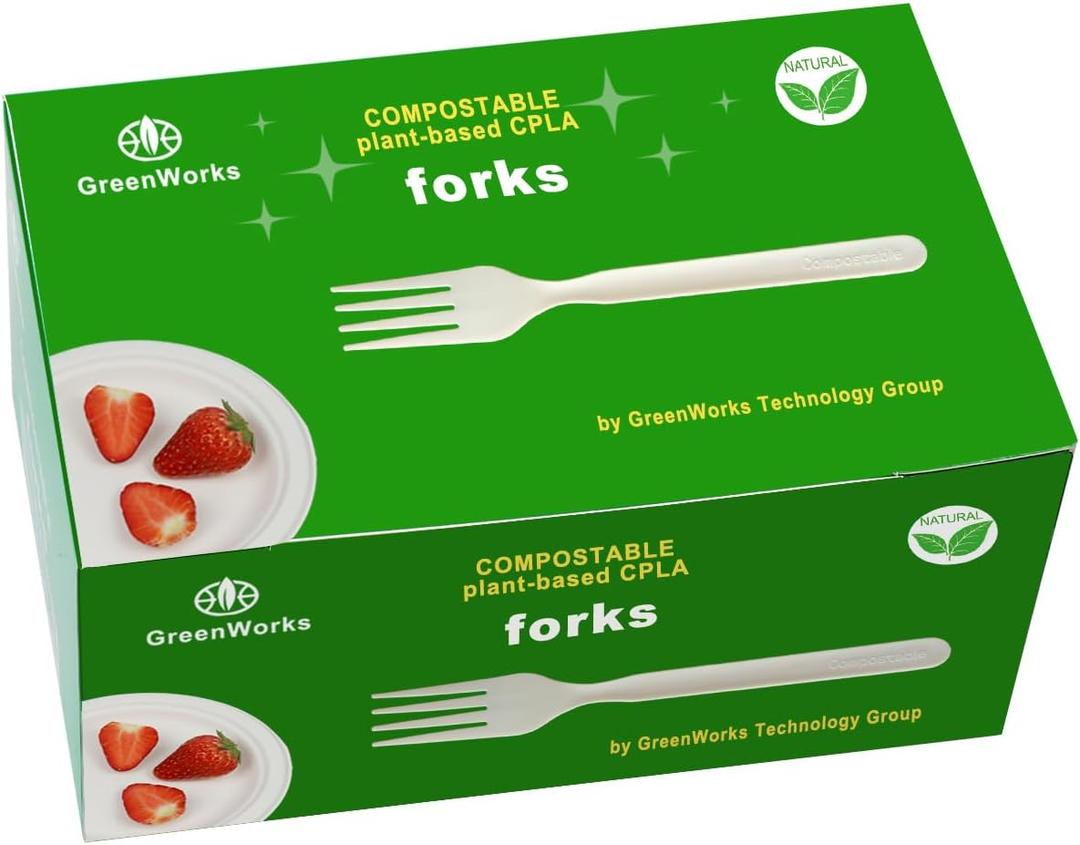 GreenWorks Heavy-duty Compostable Forks, BPI Certified 100 Count Large Disposable Cutlery Utensils Silverware Flatware Fork