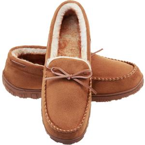 LA PLAGE Men's Moccasin Slippers Memory Foam Warm Plush House Slippers, Indoor Outdoor Comfortable Winter House Shoes (8, Brown)